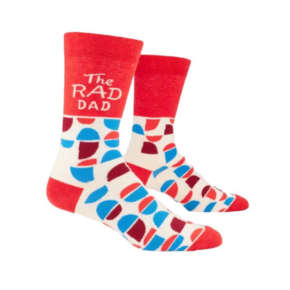 Red socks with colorful shapes and "The Rad Dad" text.