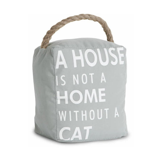 Gray doorstop with "A HOUSE IS NOT A HOME WITHOUT A CAT" text and a rope handle.