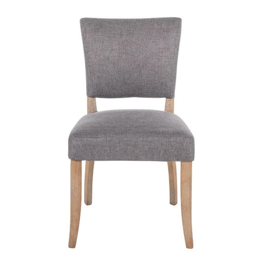 Gray upholstered chair with wooden legs.