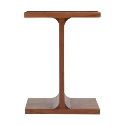 Wooden T-shaped side table with minimalist design.
