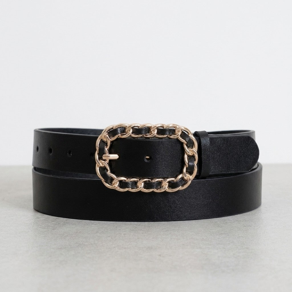 Black belt with chain-link buckle on a light background.