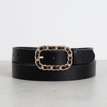 Black belt with chain-link buckle on a light background.