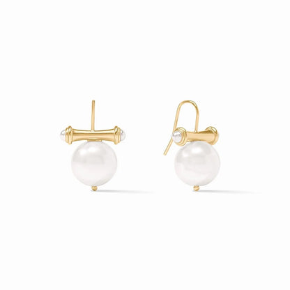 Pair of gold-tone earrings featuring large white pearls and sculptural bar-style settings.