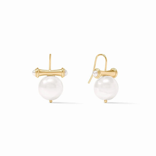 Pair of gold-tone earrings featuring large white pearls and sculptural bar-style settings.