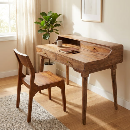 Wooden desk with chair, plant, and soft light through window.