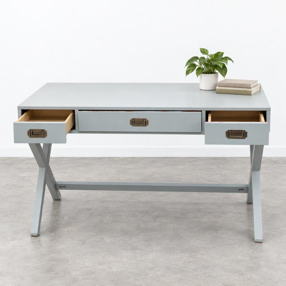 A pale gray desk with open drawers, topped with a potted plant and stacked books.