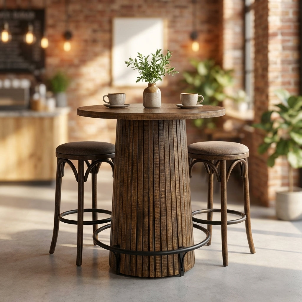 Round wooden table with vertical slatted base and metal footrest.