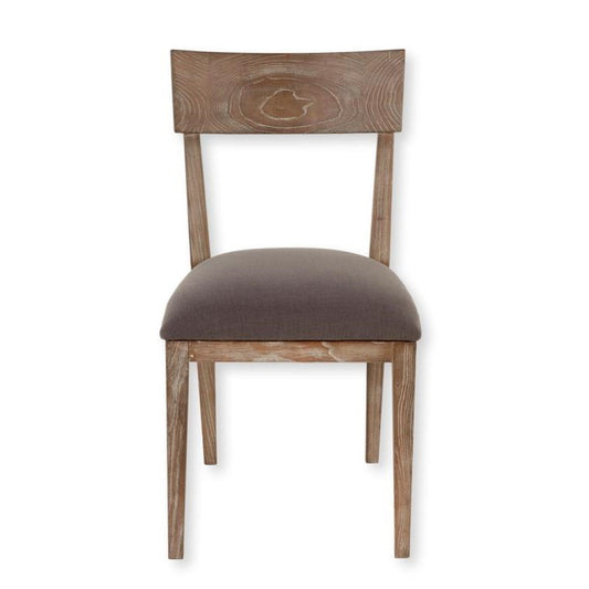 Rustic wooden chair with a dark cushioned seat.