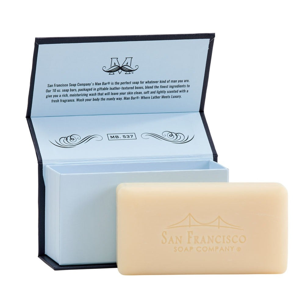 Bar of soap in an open blue box from San Francisco Soap Company.