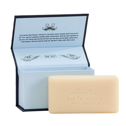 Bar of soap in an open blue box from San Francisco Soap Company.