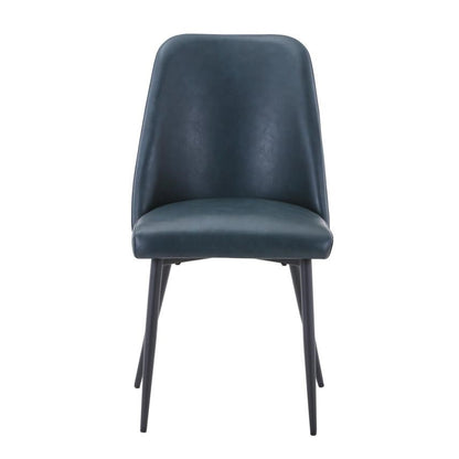 Modern blue chair with slim, black legs.