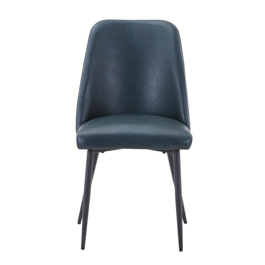 Modern blue chair with slim, black legs.