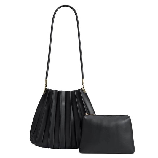 Black pleated handbag with a matching pouch.