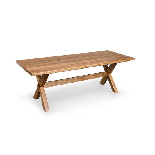 Wooden table with X-shaped legs and a long rectangular top.