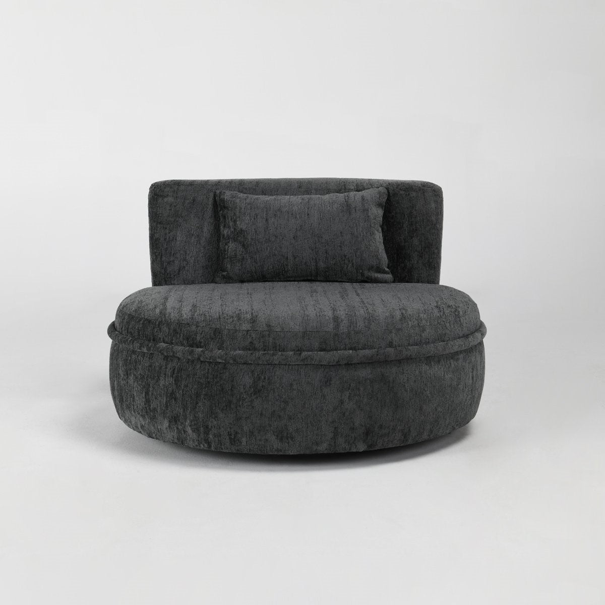Dark gray, round chair with a matching cushion on a light background.