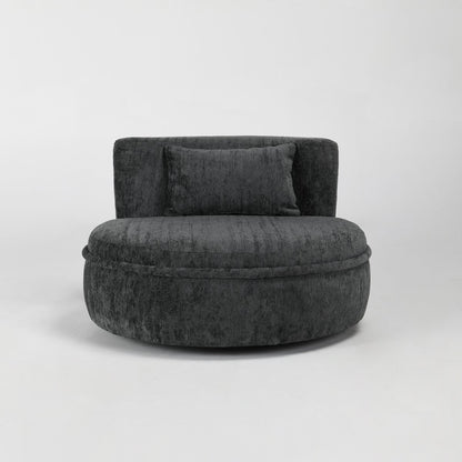 Dark gray, round chair with a matching cushion on a light background.