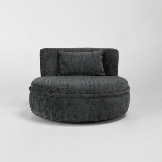 Dark gray, round chair with a matching cushion on a light background.