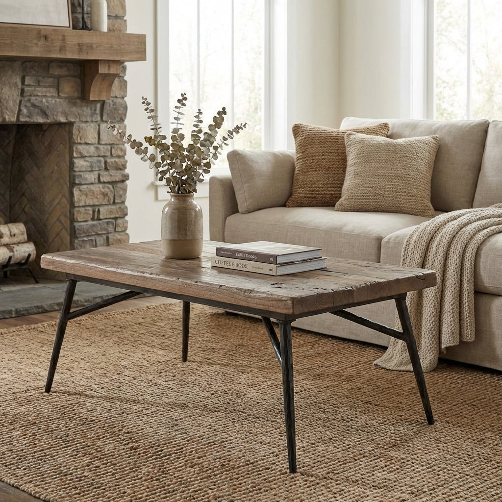 Wooden table with black metal legs, industrial style.