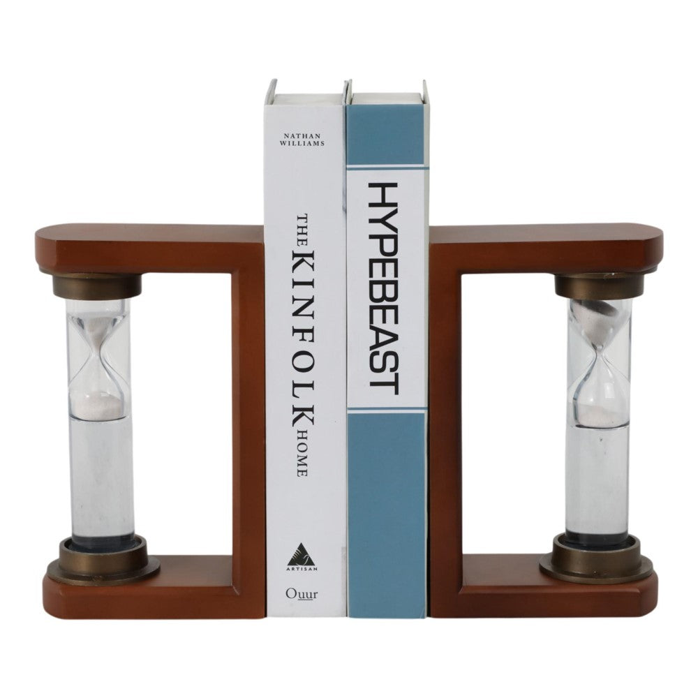 Hourglass bookends holding two books vertically.