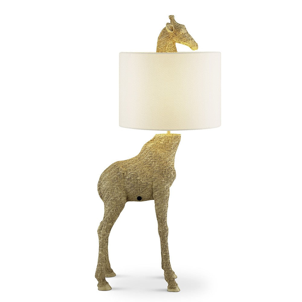 Giraffe-shaped lamp with a giraffe neck beneath a white shade.