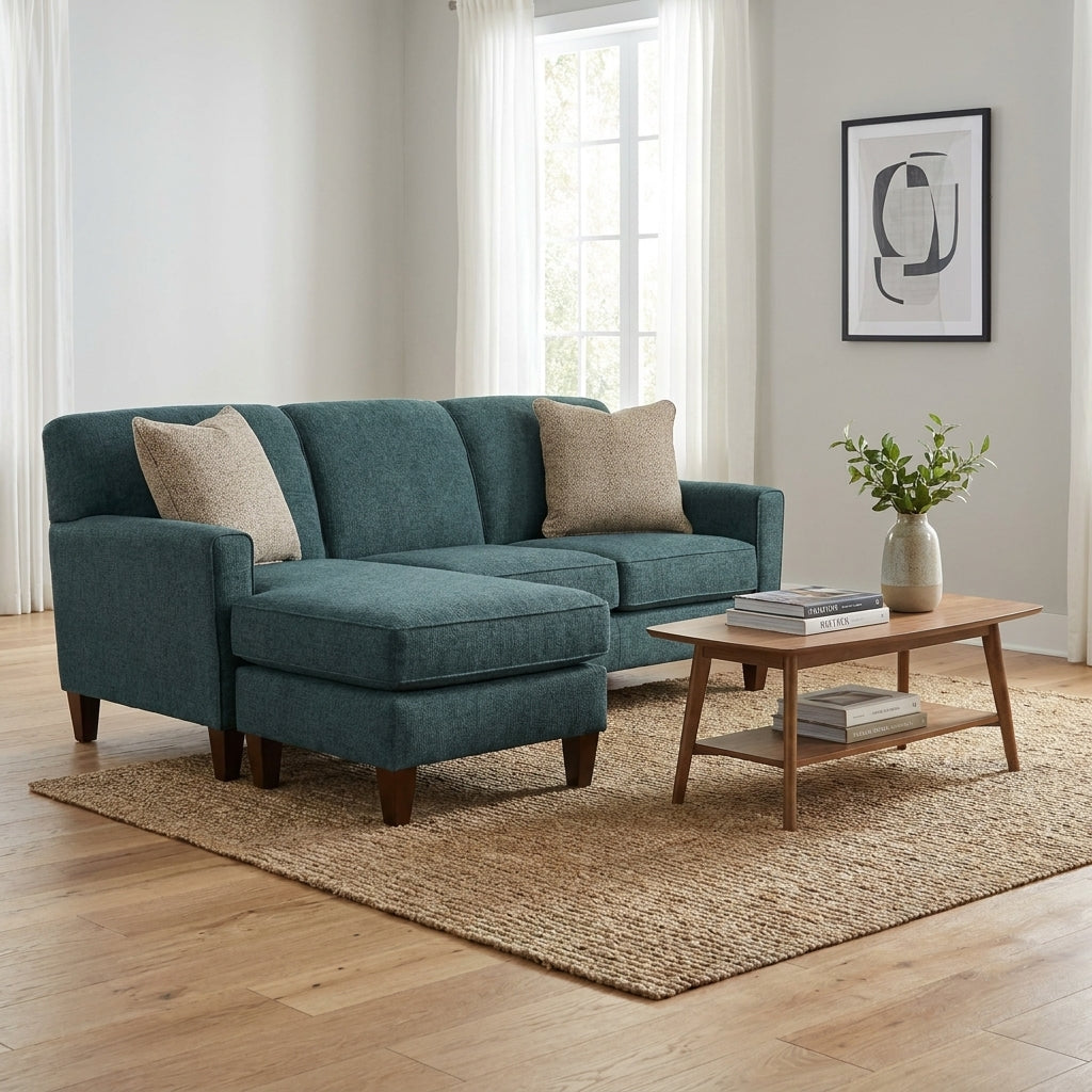 Cozy living room with a teal sofa, wooden table, and minimalist decor.