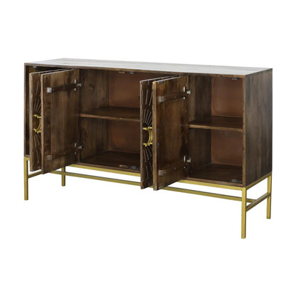 Wooden sideboard with open doors, gold legs, and storage shelves.