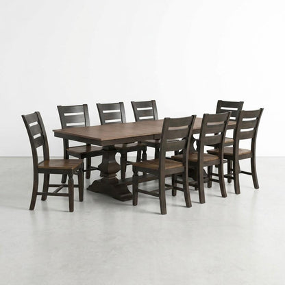 Wooden dining table with eight matching chairs, minimalist setting.