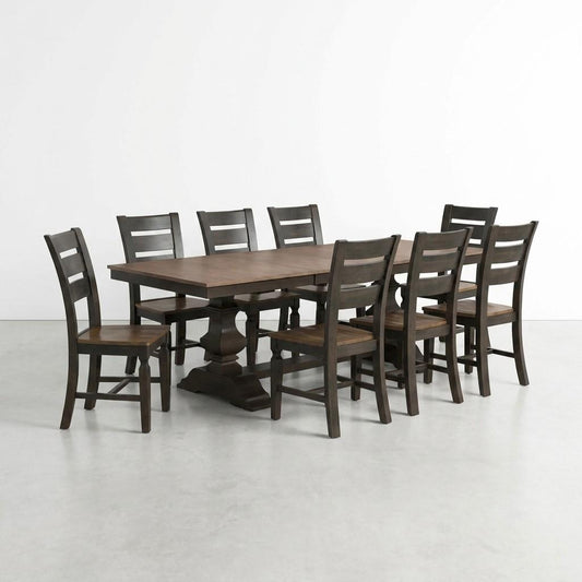 Wooden dining table with eight matching chairs, minimalist setting.