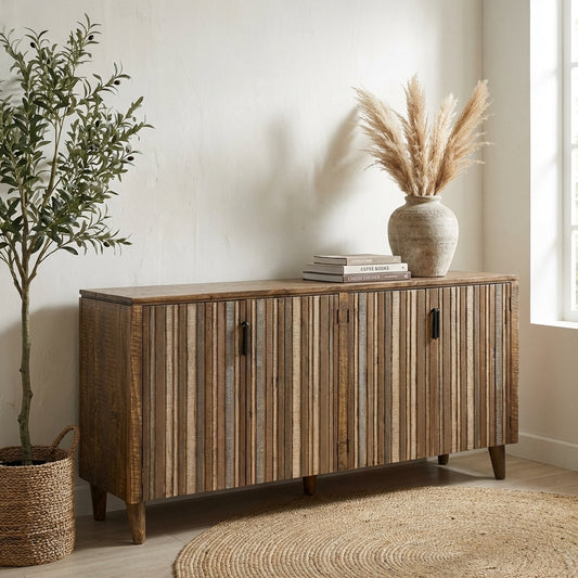 Wooden sideboard with a striped pattern and four legs.