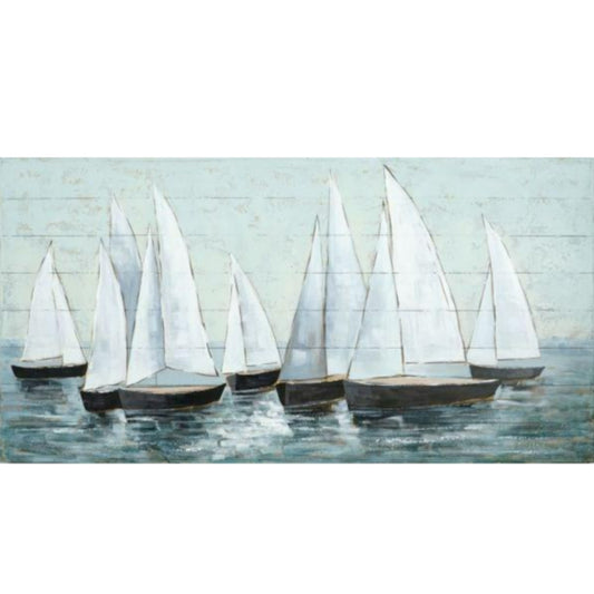 Sailboats with white sails gliding on the water under a serene sky.