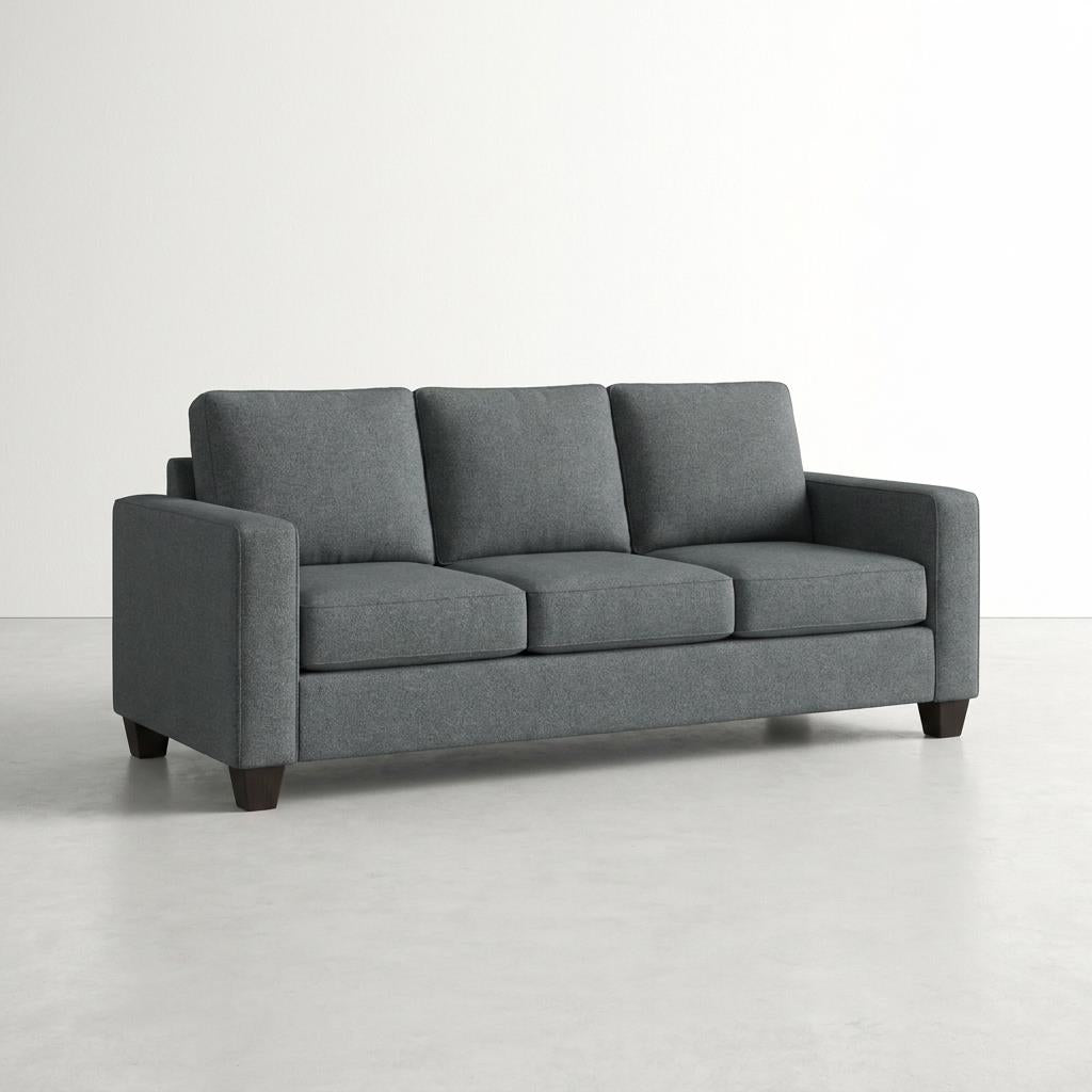 Gray, three-seater sofa with square arms on a white background.