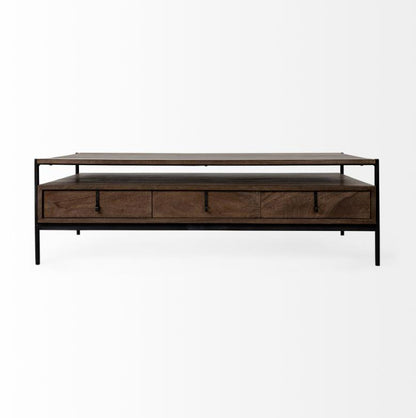 Wooden coffee table with black frame and three drawers.