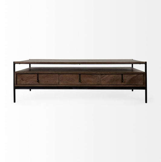 Wooden coffee table with black frame and three drawers.