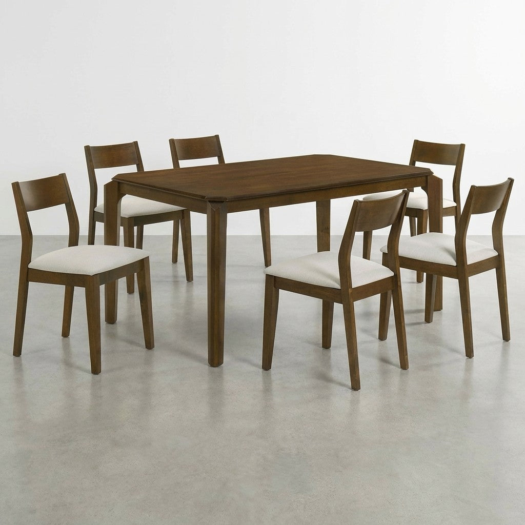 Wooden dining set with six chairs and a rectangular table on a gray floor.