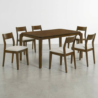 Wooden dining set with six chairs and a rectangular table on a gray floor.