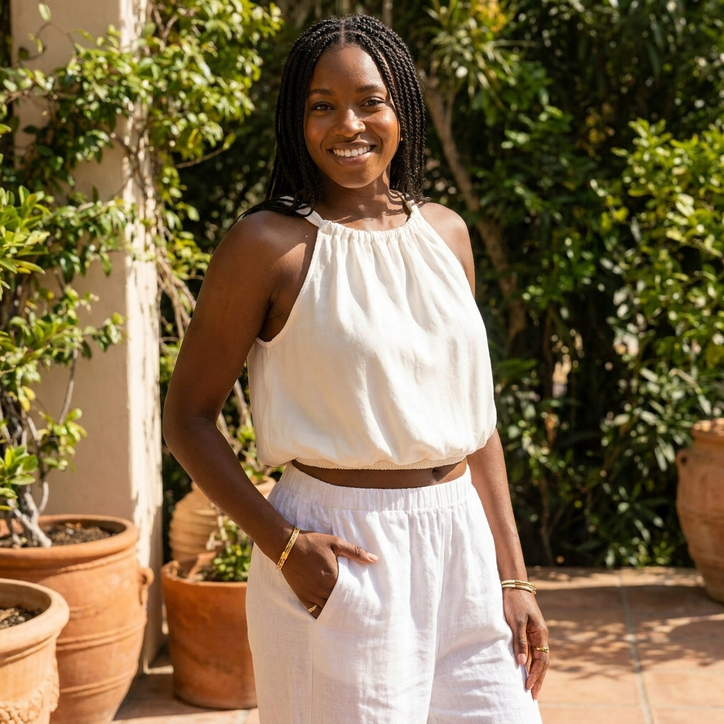 Smiling person in white clothing, standing outside with greenery.