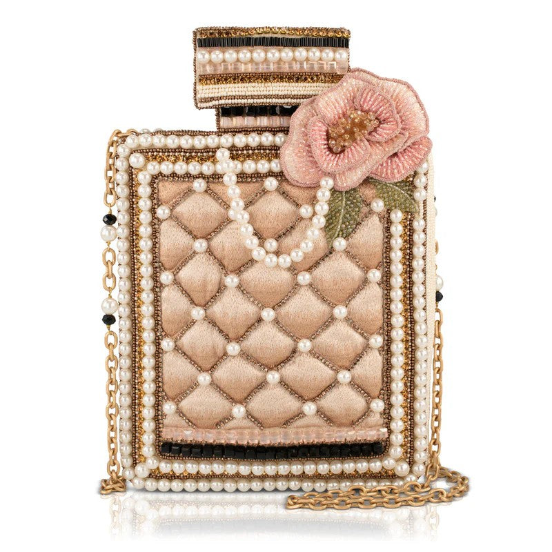 Elegant beaded bottle-shaped purse with pearls and a floral accent.