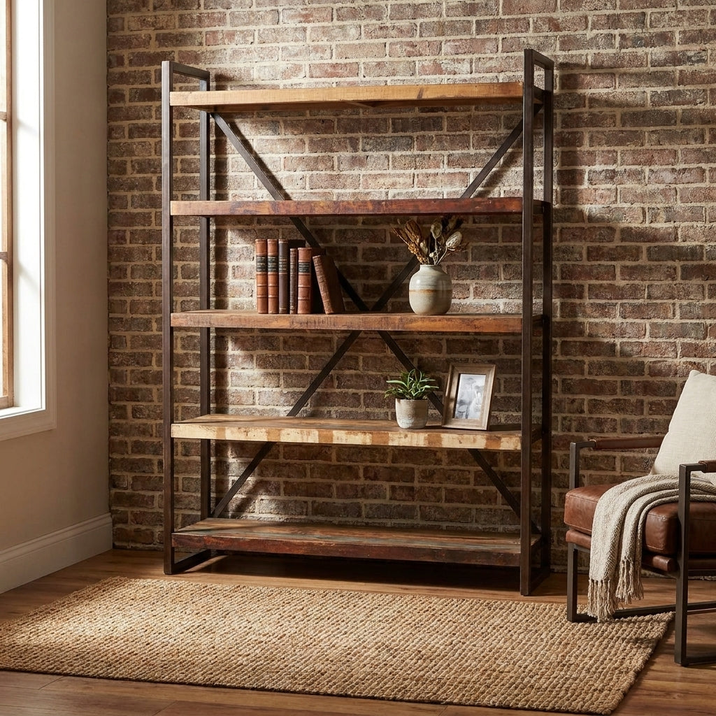 Industrial-style wooden bookshelf with metal frame and cross supports.