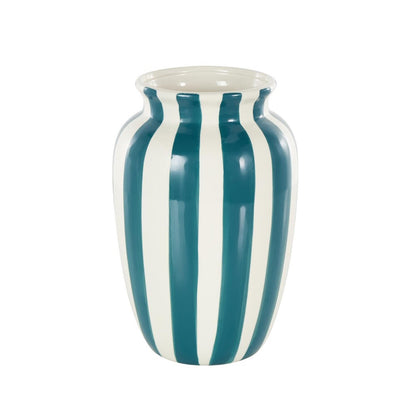 White and teal striped ceramic vase, tall and elegant.