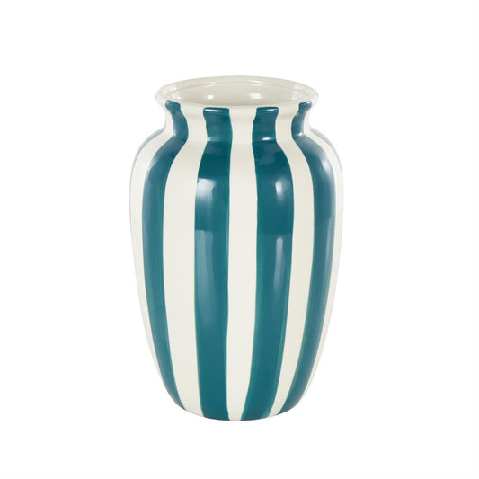 White and teal striped ceramic vase, tall and elegant.