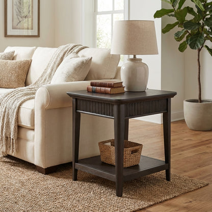 Dark wooden side table with lower shelf and ridged design.