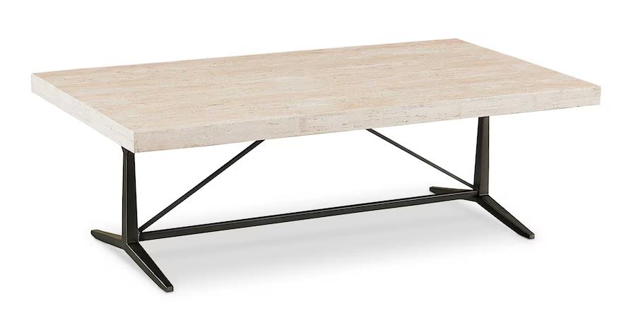 Modern coffee table with a light wood top and black metal legs.