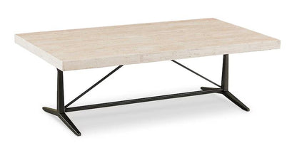 Modern coffee table with a light wood top and black metal legs.