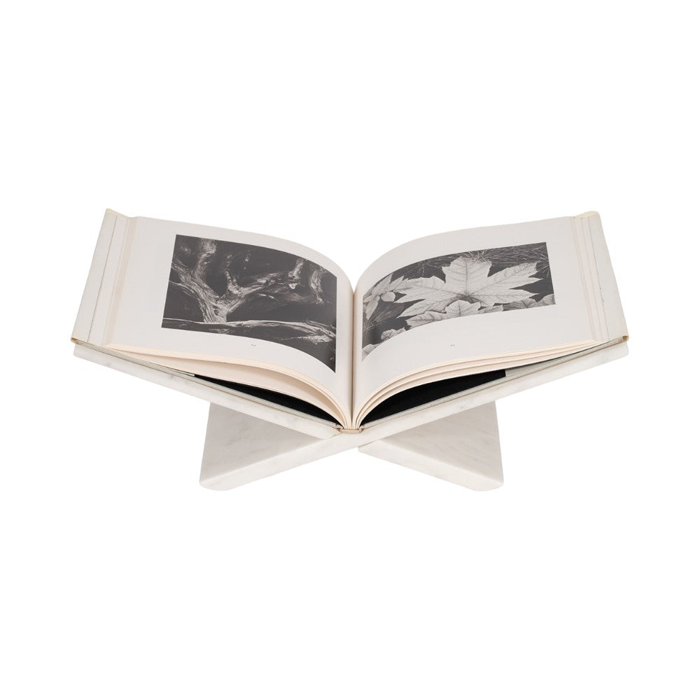 Open book on white stand, showing black and white leaf photos.