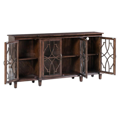 Wooden cabinet with open glass doors and decorative lattice design.