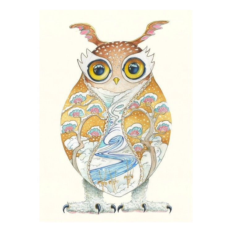 Artistic owl with large eyes, patterned feathers, and floral details.