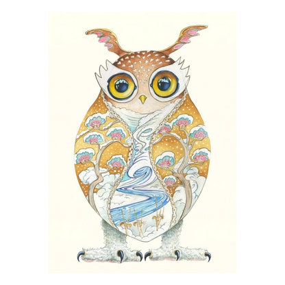 Artistic owl with large eyes, patterned feathers, and floral details.