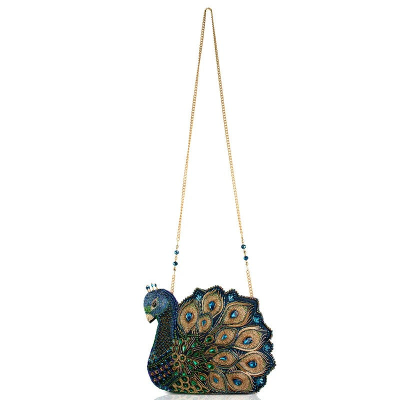 Peacock-shaped beaded handbag with a gold chain strap.