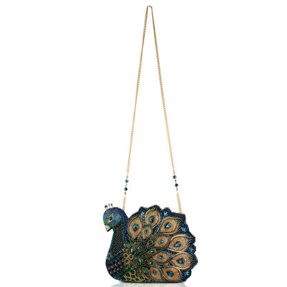 Peacock-shaped beaded handbag with a gold chain strap.