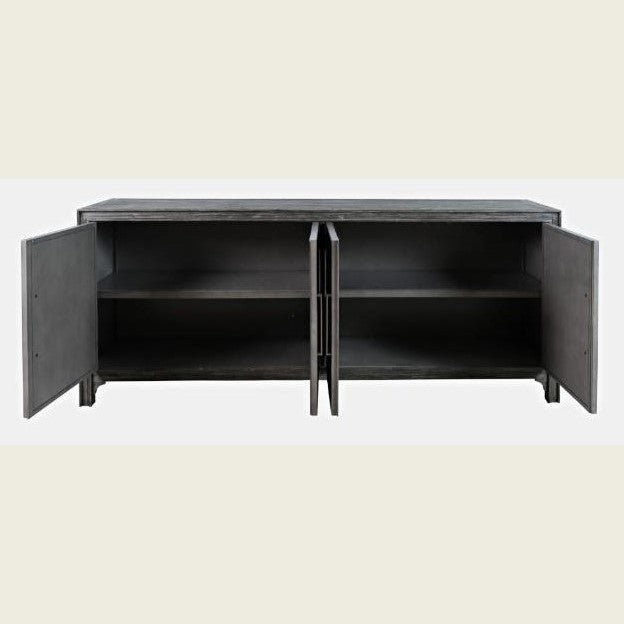 Open black cabinet with two shelves and open doors.